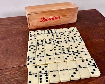 Vintage Cardinal Double-Six Domino Set – Ivory Urea Tiles with Metal Spinners in Wooden Storage Box – Classic Tabletop Game collectible