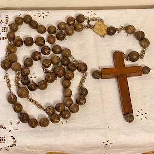Vintage 53” Wooden Rosary – Large Cross & Natural Beads, Repaired, Religious Decor
