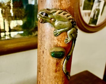 Vintage Handcrafted Bamboo Rain Stick 15.75” | Gecko Lizard Rainmaker Percussion Instrument | Hand Painted Folk Art Decor | Bamboo Rattle