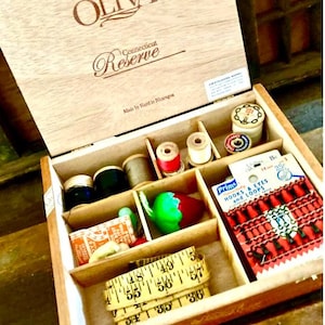 vintage sewing box / sewing display / sewing collectibles / assemblage. Vintage Oliva Cigar Box with Notions