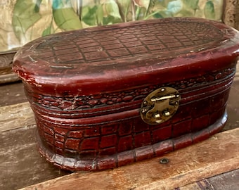 Vintage Faux Alligator Skin Trinket Box: Red Velvet Lined, Brass Closure