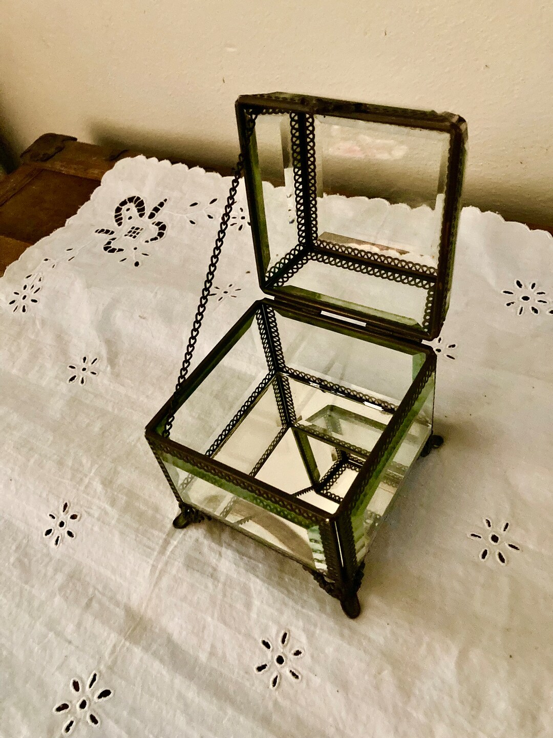 Vintage Beveled Glass Jewelry Box With Mirrored Bottom Glass Etsy