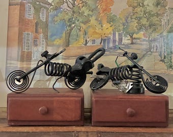 2 Motorcycle Sculpture Pair: Handcrafted Chopper Art