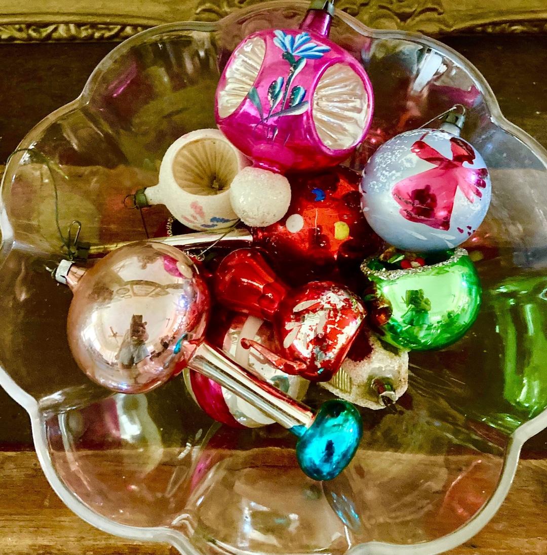10 Vintage Glass Ornaments, 10 Handblown Glass Christmas Ornaments, 10 ...