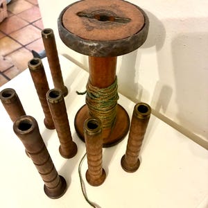 Vintage Wooden Spool Collection – 8 Spools  – Brass Tops & Large Bobbin - Industrial Era Wooden Spools