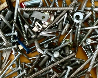 2 Pounds of screws, nuts, washers, nails & bolts, Used Hardware, Assemblage Art Supply, Mixed Media Art Supply, 2 pounds of screws and bolts