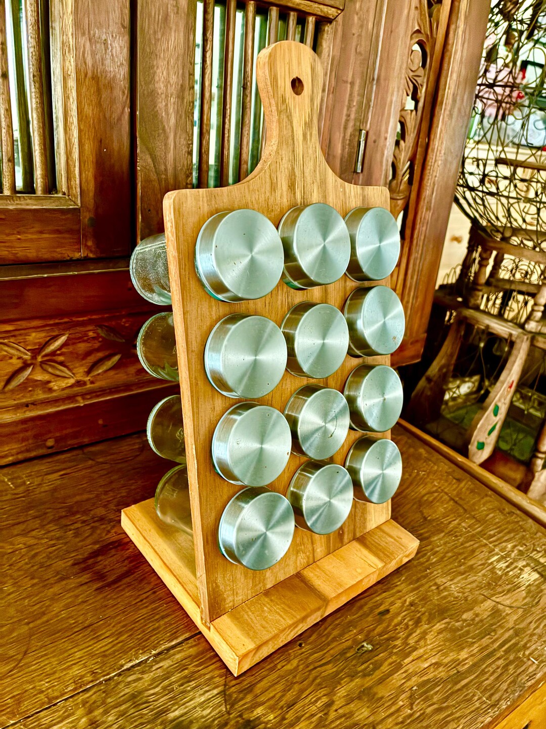 Vintage Wood Spice Rack With 12 Glass Jars | Retro Kitchen Organizer - Etsy