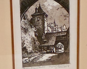 Vintage Rothenburg Germany Etchings: Framed Medieval Town Wall Art