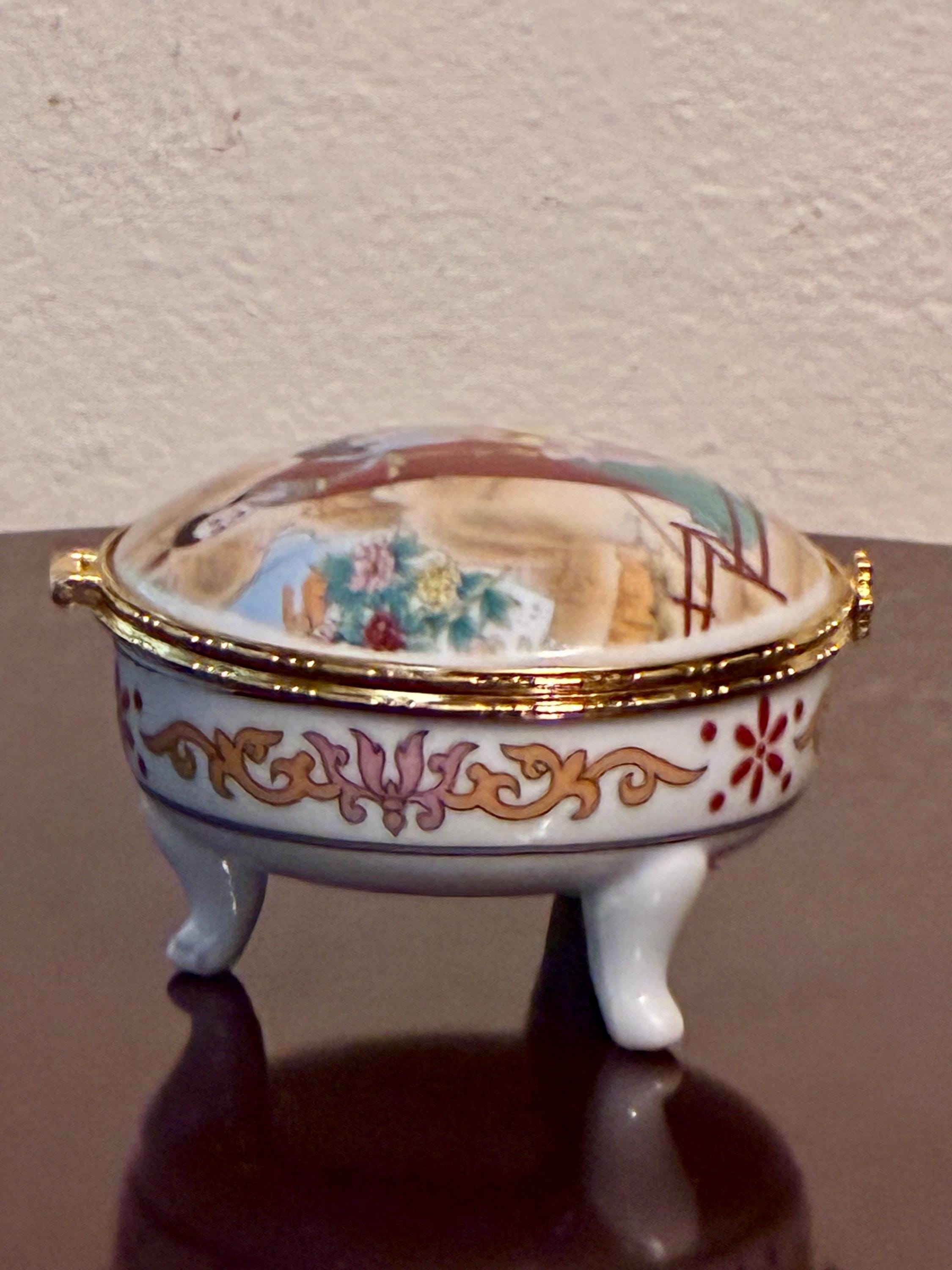 ヴィンテージ中国磁器小物入れ：手描きの芸者シーン - Etsy 日本