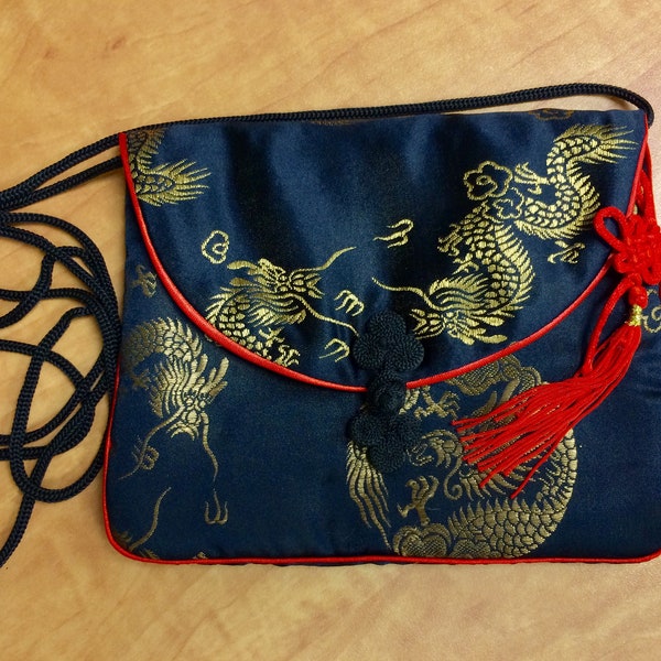 Dragon Cross Body Purse, Navy Blue and Red Silky Satin Purse.