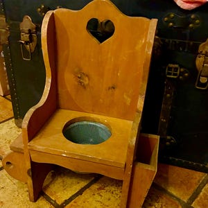 Vintage Wooden Potty Chair | Amish Commode, Heart Cutout, Book Rack, TP Holder