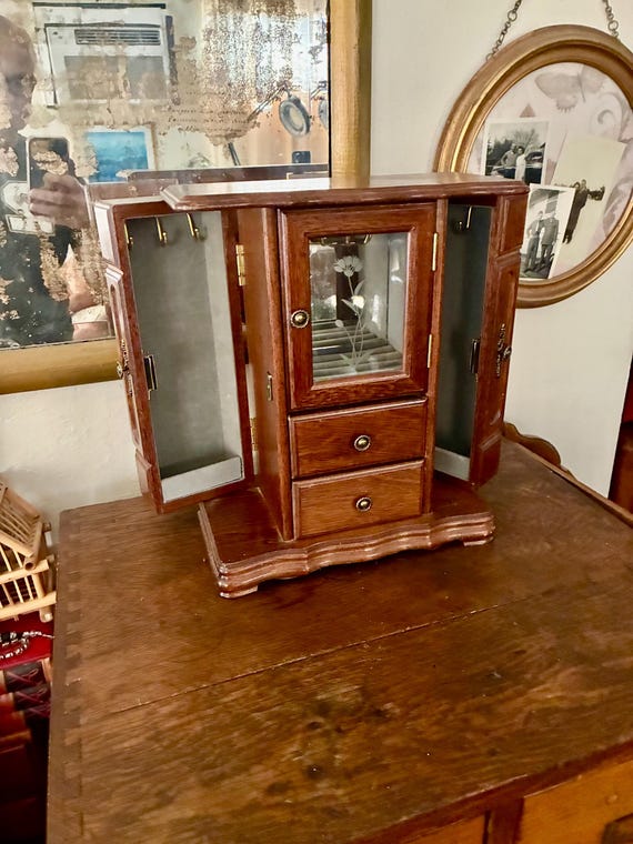 Vintage Wood Jewelry Armoire | Mini Cabinet with Drawers, Mirror & Spinning Chandelier