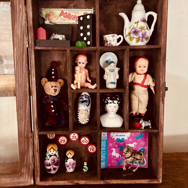 Shadow Box Curio Shelf w/ Miniature Collectibles – Lets Play-Dolls, Teapot, Teddy Bear, Trinket Display Case