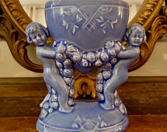 Vintage Engel Blumenvase | Blaue Keramik Putti | Hergestellt Japan