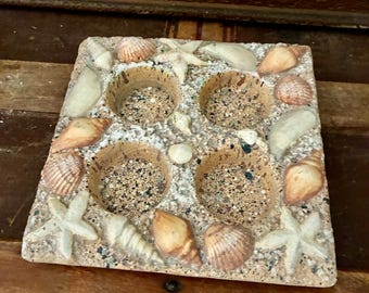Ceramic Shell Motif Tea Light Candle Holder – Holds 4 Tea Lights – Coastal Decor