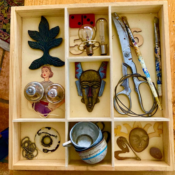 Curio Divided Box, Assemblage Art Supply, Found Object Art Supply, Box of Curiosities, Mixed Media Art Supply, Junk Drawer Assemblage Art