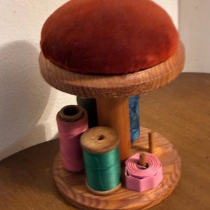 Vintage Mushroom-Style Pincushion Sewing Caddy with Thread Spool Holder & Tape