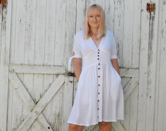 Hand-Dyed Gauze Cotton Breezy Button-Down Dress with Pockets - Available in 11 Colors - Sizes XS to 2XL