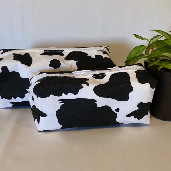 Cow Print Cotton Cube Cosmetic or Pencil Bag - 2 Size Options