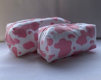 Pink Cow print makeup bag, western cosmetic bag, bridesmaid gift bag, country gift for her, small gift for friend, strawberry cow