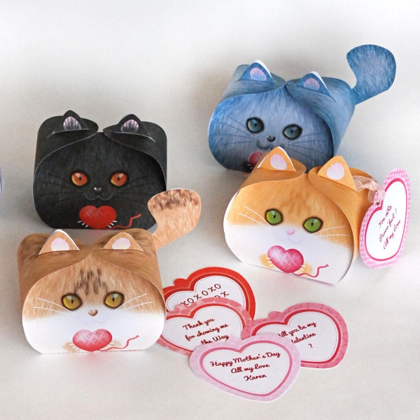 Valentine's Day cat gift box or Mother's Day cat gift box with personalized heart labels, Printable DIY