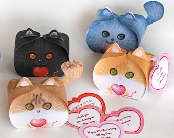 Mother's Day cat gift box with personalized heart labels, Printable DIY