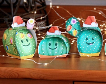 Boîtes cadeau cactus de Noël Printable - Décoration papier cactus centre de table, 6 adorables boîtes cactus + etiquettes editables - DIY