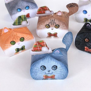 Boîtes cadeau Chat chaton de Noël (Printable), Décoration de fête chat motif écossais, 6 adorables chatons cadeau d'invité, DIY