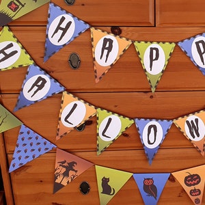 Editable Halloween Banner, bright color bunting for Halloween party, Instant Download, DIY printable garland: pumpkin, bats, cat, scarecrow