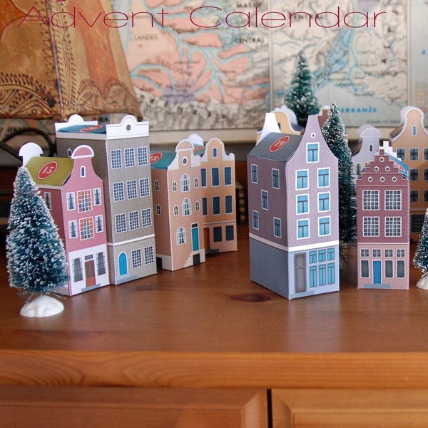 Calendrier de l'Avent à imprimer, Noël dans la ville, d'adorables boîtes cadeau maison d'Amsterdam, Décor de Noël