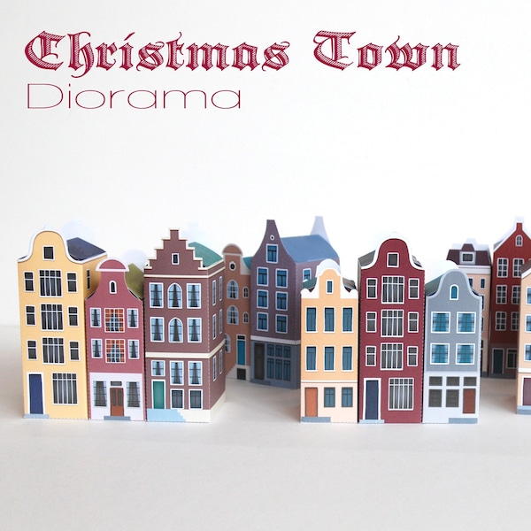 Diorama Noël dans la ville, d'adorables boîtes cadeau maison d'Amsterdam, Décor de Noël, kit DIY, activité papier