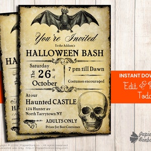 Invitation d'Halloween vintage editable, carte d'invitation chauve souris crâne à personnaliser pour Halloween