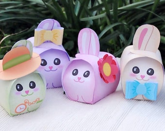 Caja de golosinas de conejito para Pascua: 6 lindas cajas de obsequios de conejito para cualquier fiesta de primavera, búsqueda de huevos, conejo de color pastel, sombrero, flor y lazo