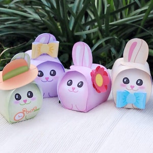 Bunny treat box for Easter - 6 cute bunny favor boxes for any Spring party, egg hunt, pastel color rabbit, hat, flower and bow