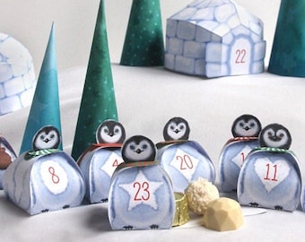 Calendrier de l'Avent à imprimer, Village de Noël de pingouins, d'adorables boîtes cadeau pingouins, igloos, 3 sapins de Noël, Décor de Noël