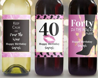 Etiquetas de botellas de vino editables para 40 cumpleaños imprimibles, etiquetas de botellas de zapatos de tacones altos personalizados, mini botella de vino personalizada rosa, 3 tamaños