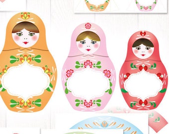 Matryoshka party decor printable, 18 EDITABLE Nesting dolls decorations, russian dolls party decor, personalized Baby shower, Birthday party