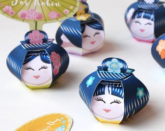 Boîtes cadeau Kokeshi (Printable) - poupées geishas - Décoration papier centre de table, 5 adorables boîtes poupées Japonaises - DIY