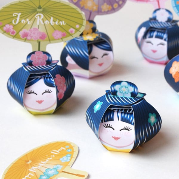 Boîtes cadeau Kokeshi (Printable) - poupées geishas - Décoration papier centre de table, 5 adorables boîtes poupées Japonaises - DIY