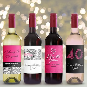 Bearbeitbare Weinflaschenetiketten zum 40. Geburtstag (druckbar), benutzerdefiniertes rosafarbenes Buchstabendesign, moderne Flaschenetiketten, personalisierte Mini-Weinflasche