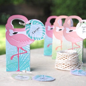 Flamingo Party Gift Box Printable, Flamingo favor bag + editable palm tags, Flamingo party, flamingo wedding, Mother&#39;s Day instant download