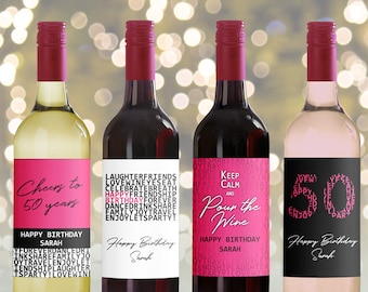 Editable Wine Bottle Labels for 50th Birthday (printable), Custom pink letter design, modern Bottle Labels, Personalized Mini Wine bottle