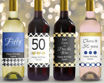 Editable Wine Bottle Labels for 50th Birthday printable, Black gold Blue navy Custom wine Labels, Personalized Mini Wine bottle, 3 sizes