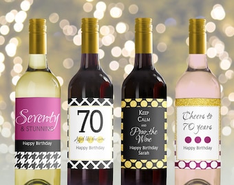 Editable Wine Bottle Labels for 70th Birthday (printable), Custom Black gold burgundy Bottle Labels, Personalized Mini Wine bottle, 3 sizes