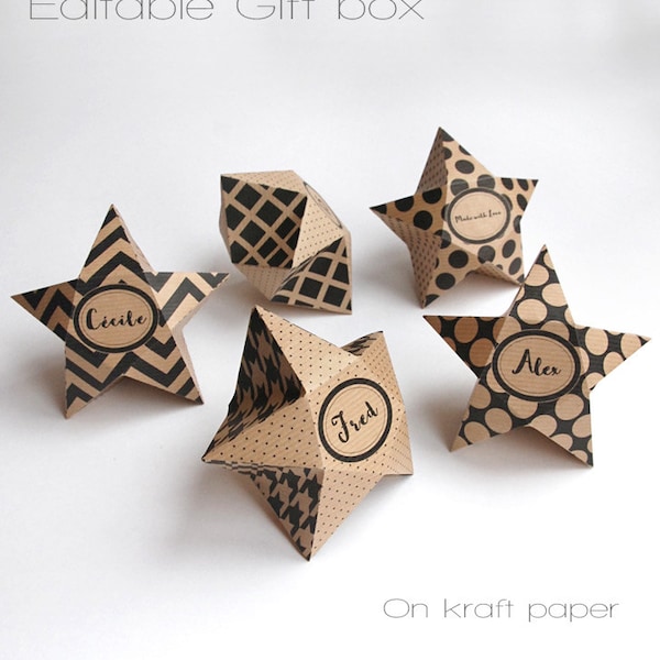 Boîtes étoiles modernes personnalisables - DIY printable - 10 boîtes aux motifs géométriques - pois, étoiles, pied de poule