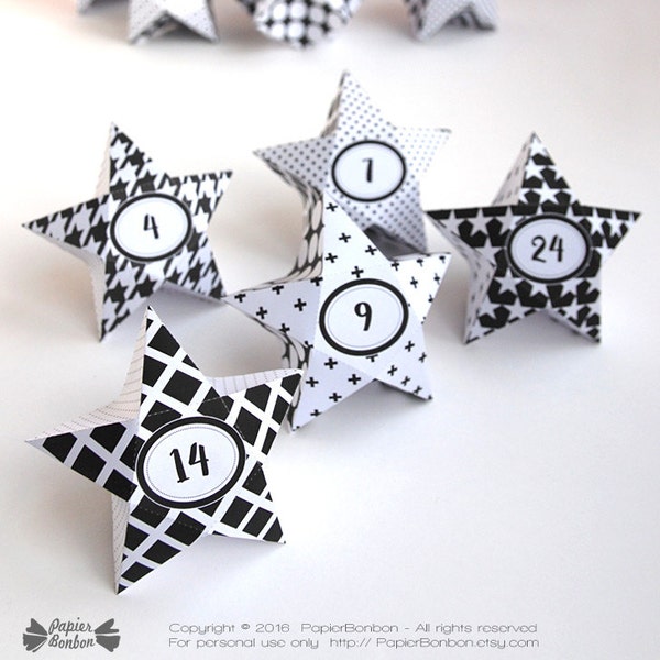 Calendrier de l'Avent étoile à imprimer  - 24 boîtes étoiles pour un calendrier avant Noël - décorations Etoile géométrique - boîte étoile