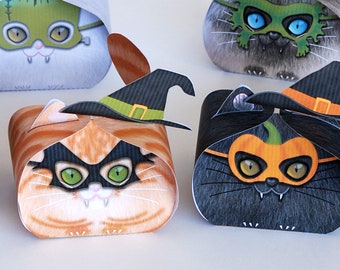 Boîtes cadeau chat d'Halloween (Printable) - Décoration papier Halloween centre de table, 5 adorables boîtes chat DIY