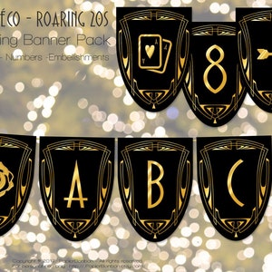 Gatsby party banner printable, Great Gatsby wedding, roaring 20 birthday, graduation, 1920s banner Black, gold roaring twenties party decor