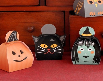 Halloween treat box (Printable) instant download, 5 funny Halloween bag or gift box, little witch, cat, skeleton, pumpkin and owl, candy box