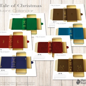 Puede incluir: Calendario de Adviento imprimible con tem&aacute;tica de libro. El calendario presenta 22 cajas con forma de libro con ribetes dorados y los n&uacute;meros 6, 13, 16, 18, 19, 20 y 22. El texto "A Tale of Christmas" se repite en cada caja.